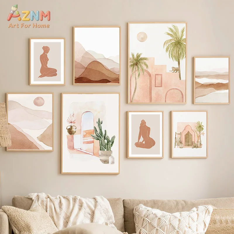 AZNM Blush Watercolor Boho Canvas Wall Art Woman Silhouette Mountain Desert Palm Cactus Moroccan Arch Abstract Unframed Canvas D