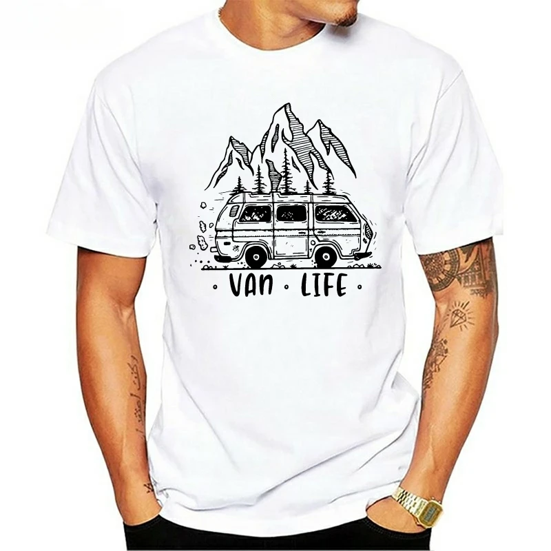 Men Clothing  Van Life Ladies Camping Printed T-Shirt Male Designing T Shirt Top Tee Vintage Outdoor Classic O-neck Woman Tshirt