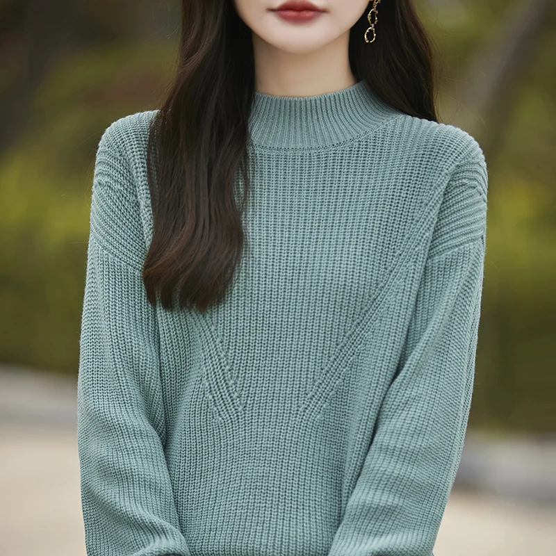 

Autumn and Winter New Women's 100% Cotton Knitted Sweater Casual Solid Color Half High Collar Pullover Loose Thick Women's Top