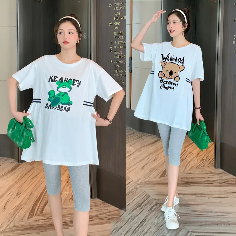 Loose Summer Pregnant Woman Clothes Set Plus Size White Cotton T-Shirt Grey Capris Trousers Twinset Casual Maternity Pants Suits