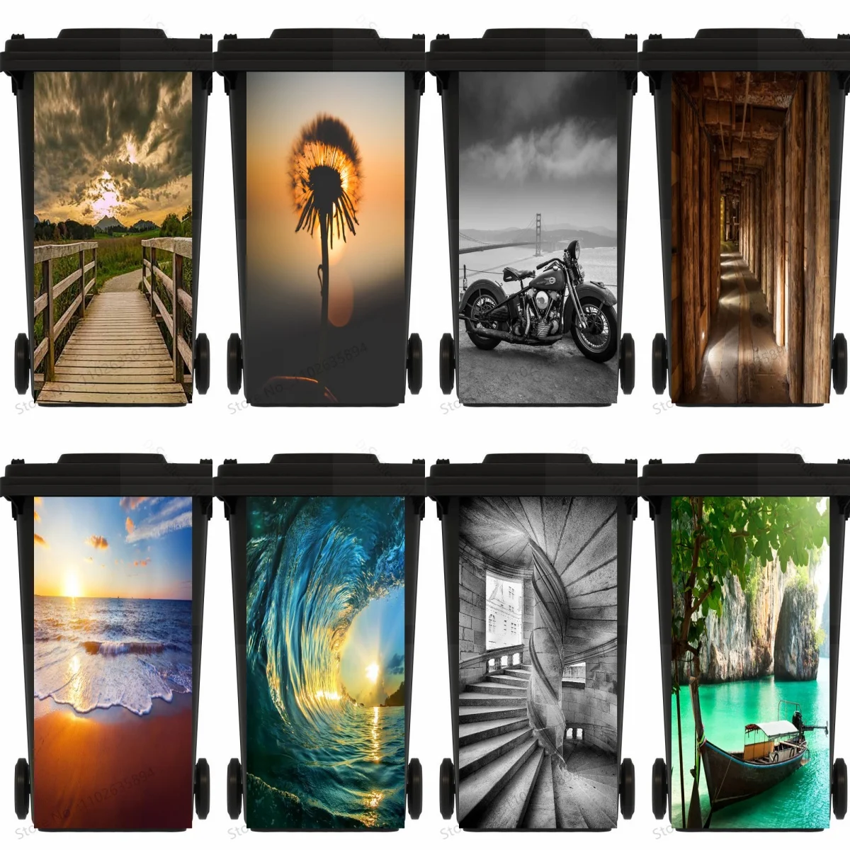 Twilight Wooden Bridge Beach Trash Can Sticker Cover Waterproof Outdoor Grey Motorcycle Wheeled Garbage Bin Stickers Removable