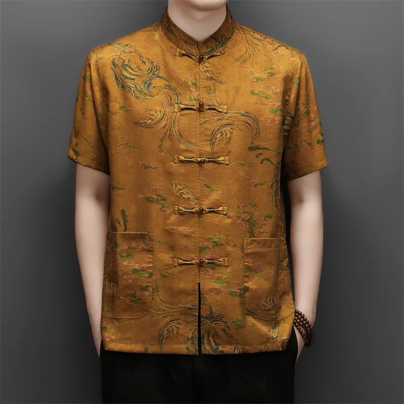 Exquisite Tang Costume Shirts For Men Short Sleeved Frog Button Summer Quality Polyester 100% Softness Premium Camisas De Hombre