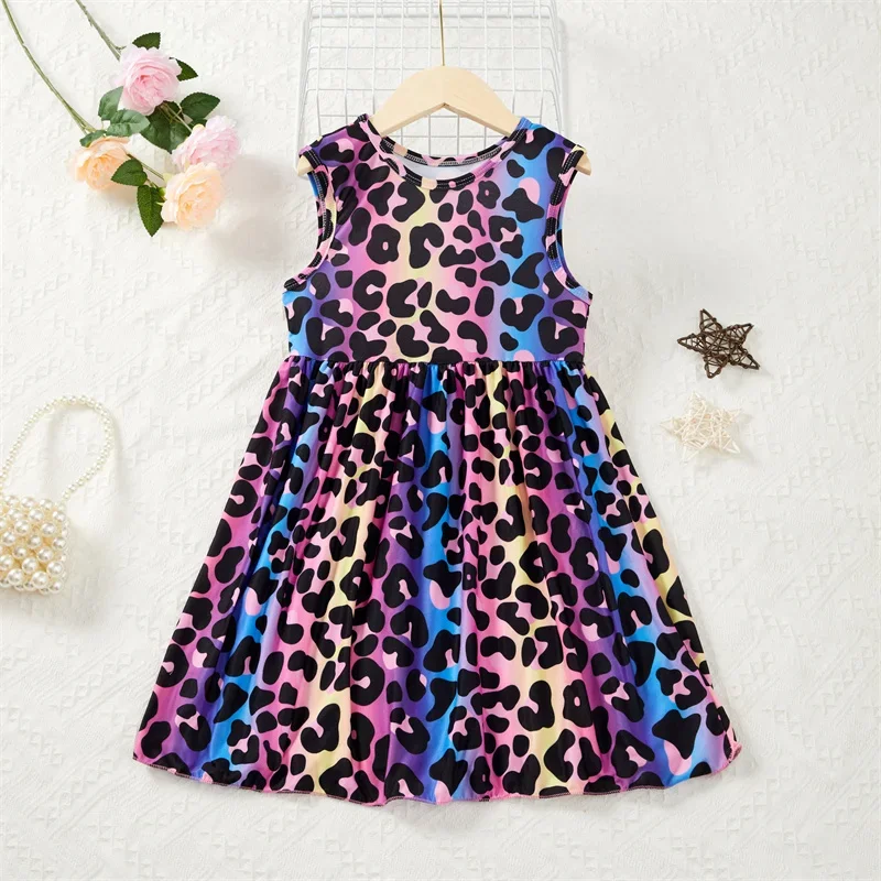 

Girl's Sleeveless Dress Fashion Colorful Leopard Print Party Birthday Gift Children's Casual Dress 3-8Y