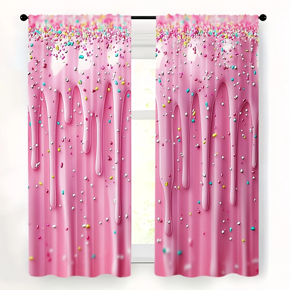 

2D FLAT 2pcs Curtains Pink Icing Drips With Sprinkles Perfect for Balcony, Bedroom, Study, Living Room, Suitable for Spring & Su