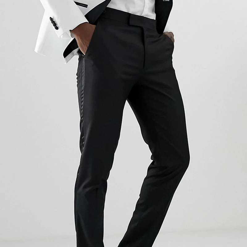 Black Men Pants with Side Satin Stripe One Piece Official Slim Fit Formal Male Trousers Fashion Clothes for Wedding Evening