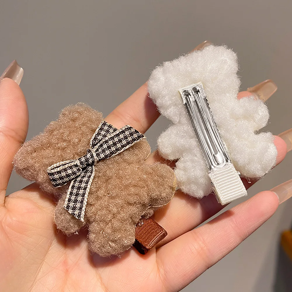 Cartoon Brown Plush Bear Hairpin Winter Milk Coffee Color Wool Kinitting Bear Side Clip For Women Girls Children Baby Bangs Clip