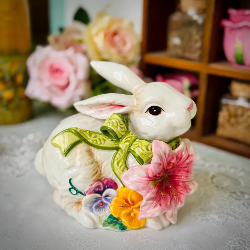 Underglaze Lily Rabbit Ceramic Entryway Figurine Cute Animal Statue for Living Room Home Decor Ornament Easter Gift for Friends