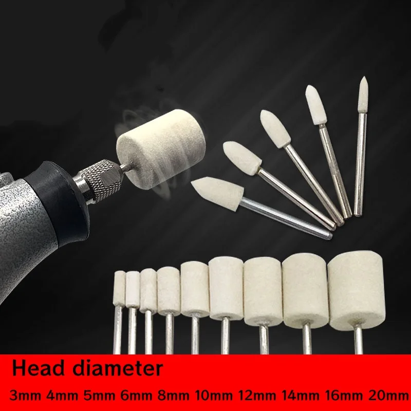 10Pcs Wool Felt Mounted Polishing Buffing Wheel OD 3mm-25mm 2.35mm 3mm Shank Grinding Head For Dremel Drill Rotary Tool