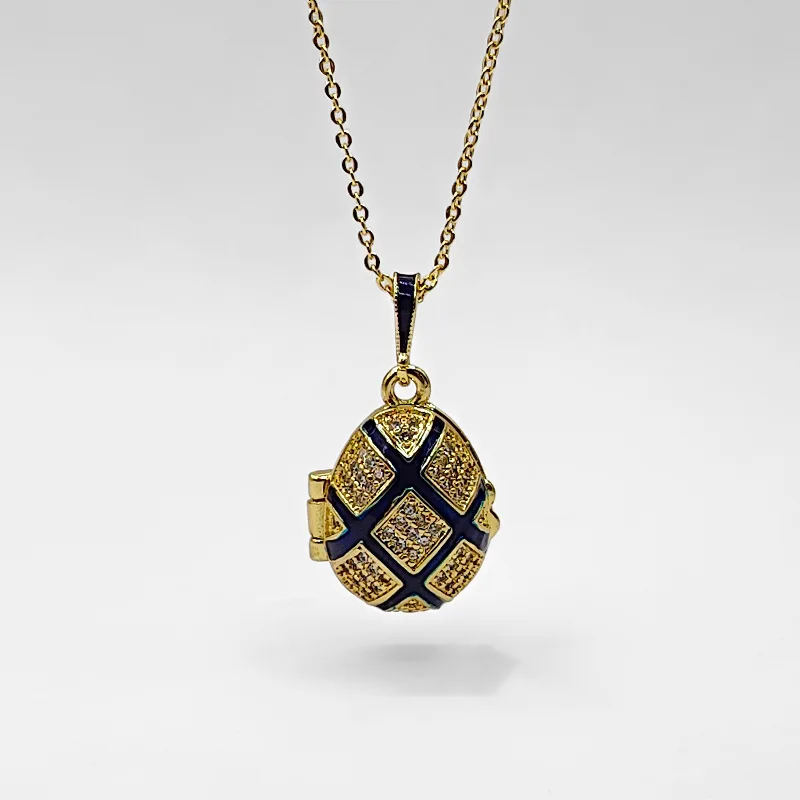 Y2k New Cross-Border Russian Jewelry Check Opening And Closing Egg Micro-Inlaid Zircon Pendant Tassel Copper Gold-Plated Enamel