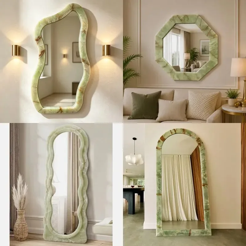 Luxury Green Agate Mirror Natural Stone Wall Decor Irregular Marble Dresser Decoration