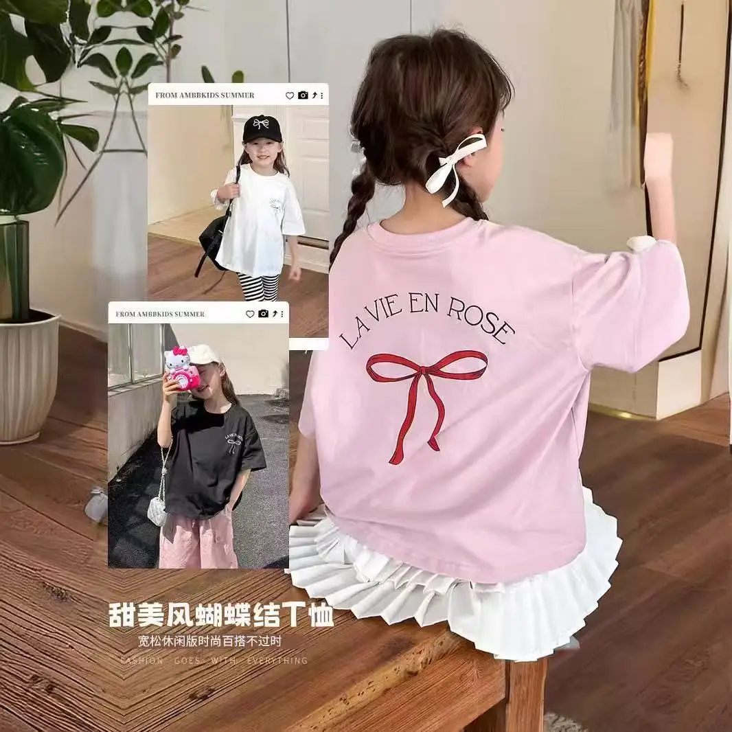 Children's Clothing Girl Korean Version Loose Short Sleeved Kids Stylish Design Girls Back Bow T-shirt Top