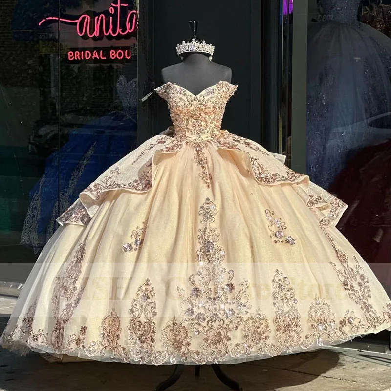 Shining Sweetheart Ball Gown Quinceanera Dresses 2023 Beaded Sparkly Bow Appliques Sequined Sweet 15 16 Dress Prom Party