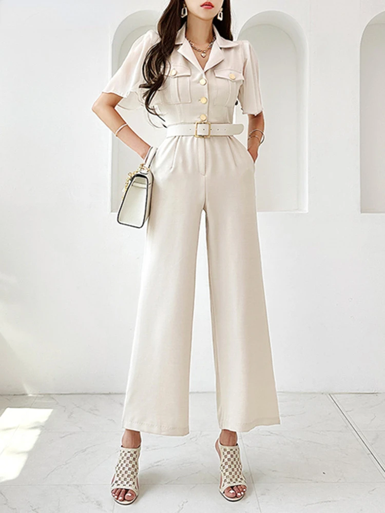 

New Elegant Office Lady Jumpsuits Women Korean Fashion Notched collar Pocket Chiffon Short Sleeve Long Playsuits Simple Rompers