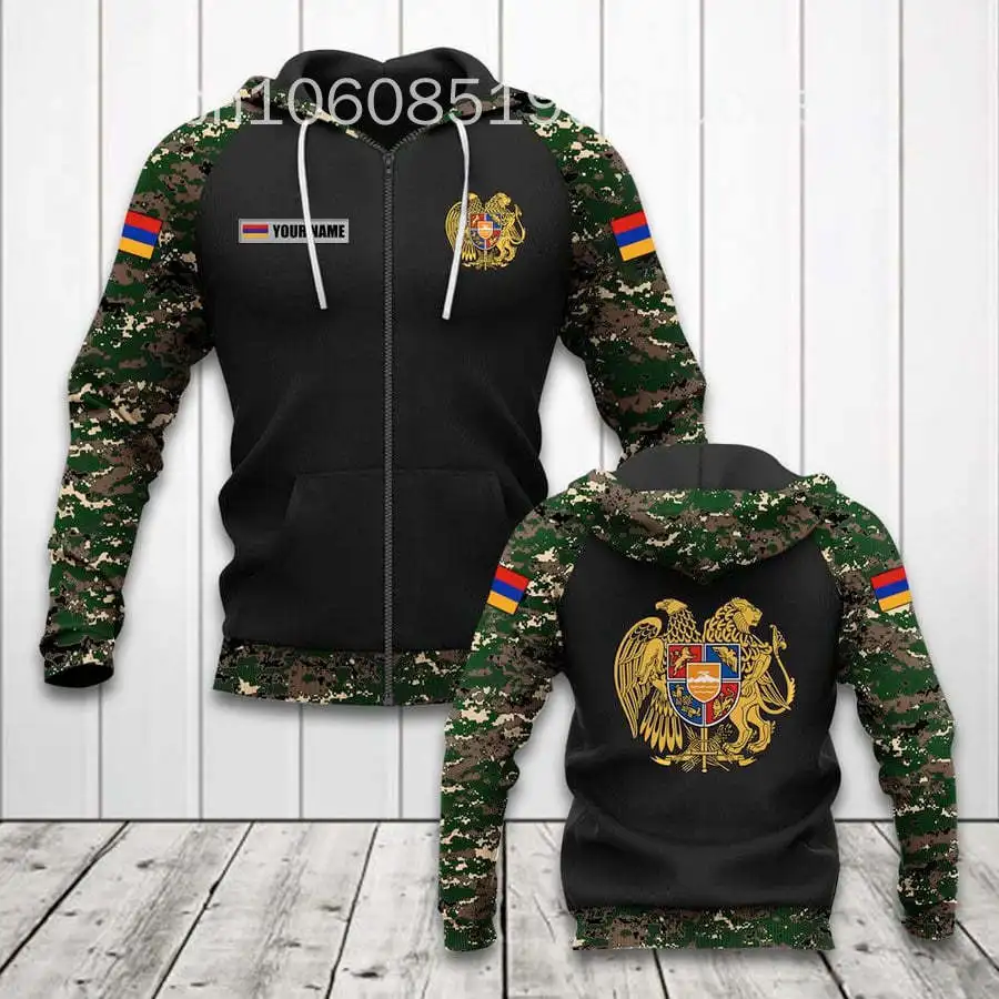 Custom Name Armenia Camouflage Skull Pattern Zipper Hoodies Unisex Oversize Sweatshirts Winter Casual Streetwear Tops Pullover