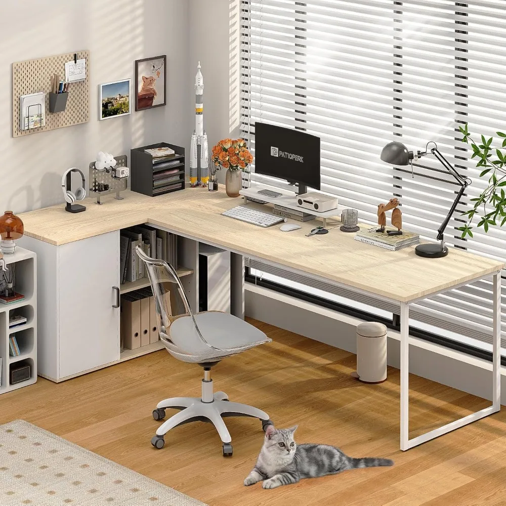 

71" L Shaped Executive Desk, Executive Office Desk with File Cabinet and Power Outlet, Large Computer Table with Shelves, Busine
