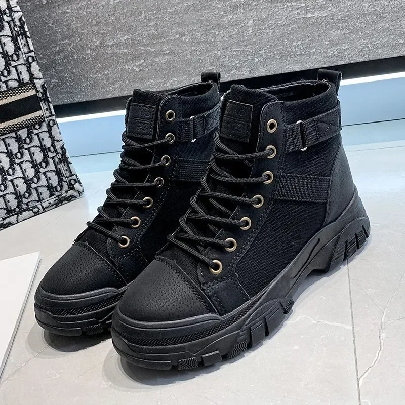 

Women Boots Lace-Up Platform Motorcycle Boots Designer Shoes Fashion High-Top Women's Canvas Shoes Anti-slip Women Ankle Boots