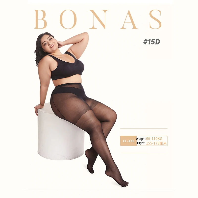 BONAS 15D XXXL ultracienkie przezroczyste rajstopy elastyczność rajstopy Queen Size Stocking odporny na rozdarcia nylon damskie seksowne pończochy