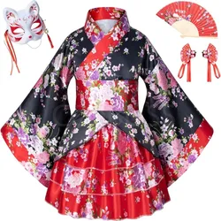 Elibelle Japanese Traditional Dress Kimono Robe for Kids Girls Costume Silk Folding Fans Hairstick Fox Mask Set Cosplay Outfits
