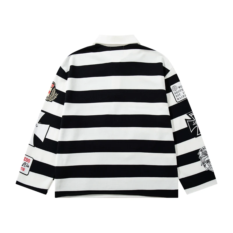 Black White Contrast Horizontal Stripe Collared Polo T-Shirts Color Rhinestone Print Majestik Long Sleeve Tees Man Woman