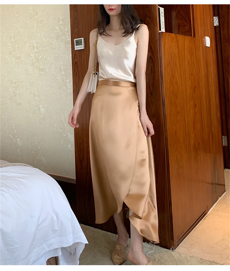 2026 Summer Lace-up One Piece Long Skirts High Waist A-Line Skirts Autumn Office Ladies Black Silk Satin Long Skirts Vestidos