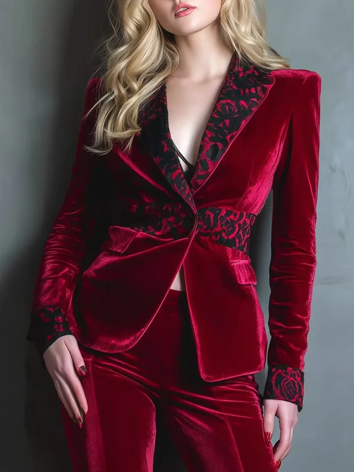 Elegant Velvet Women's Blazer 2-Piece Set  Lace Trim Detail V-Neck Belted Waist Flared Pants for Formal Party Event Customized image 2
