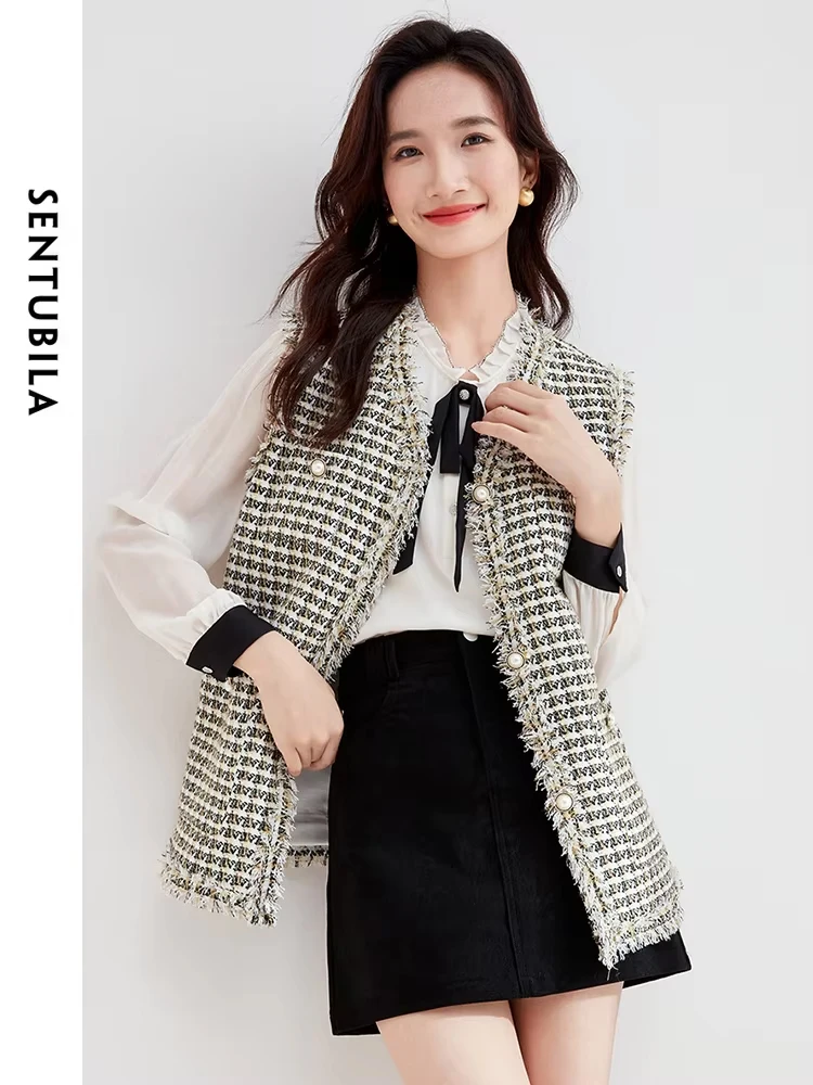 

SENTUBILA Tweed Sleeveless Jacket Women Loose Houndstooth Vest Spring Autumn New V-neck Fashion Tops Woman Waistcoat 133J50661