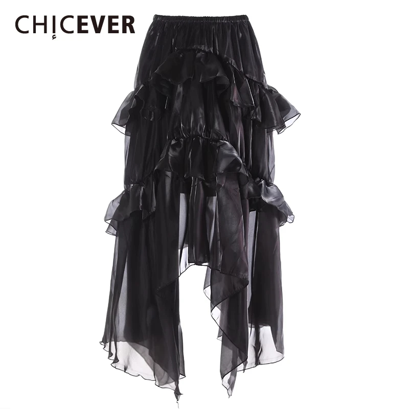 

CHICEVER Organya Spliced Ruffled Glitter Skirt for Women High Waist Patchwork Elastic Irregular A Line Skirts Female Spring New
