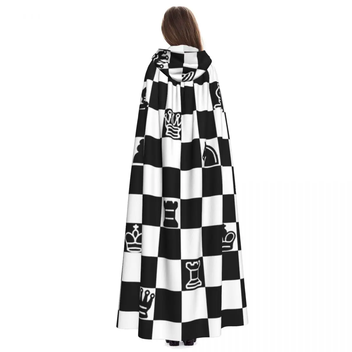Black And White Chess Long Hooded Cloak Witch Medieval Costume Cosplay Cape HalloweenCoat Adult Unisex