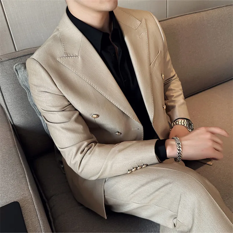 New Men Double Breasted Suit 2 Piece Fashion Simple Gentleman Business Banquet Dress Men's Slim Fit Wedding Blazer and Pant