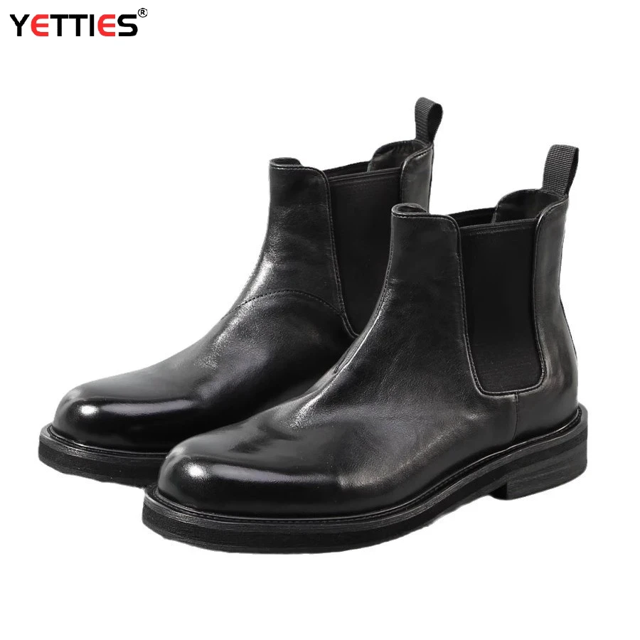 Men's Horsehide Chelsea Stovepipe Boots, High Top Chunky Toe Washed Vintage Leather Ankle Boots, Casual Retro Dress Shoes