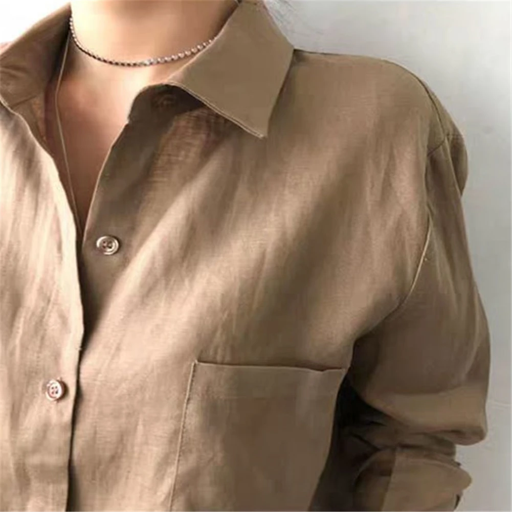 

Women Shirt Cotton And Linen Lapel Long-sleeve Loose Solid Color All-match Shirt