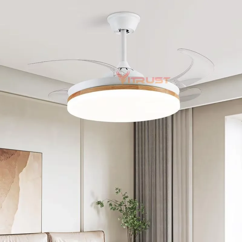 LED Ceiling Fan Light Wood Strong Wind Bright Lamp Invisible Quiet Modern Ceiling Fan Chandelier 110V 220V Remote Control Fan