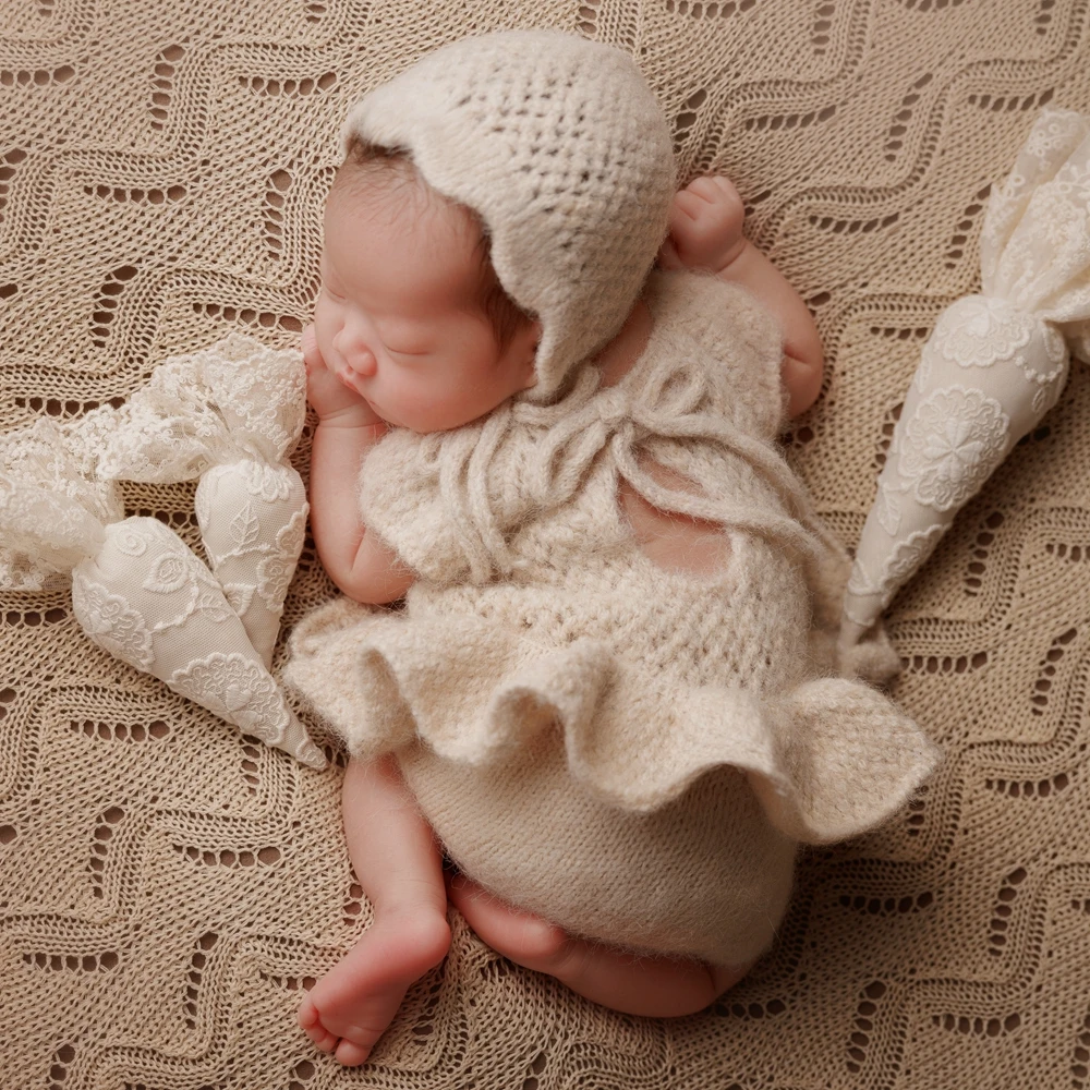 ニットネブウォーンガール写真撮影衣装ベージュ幼児女の子ロンパースドレス帽子新生児写真撮影服甘い赤ちゃん写真撮影衣装