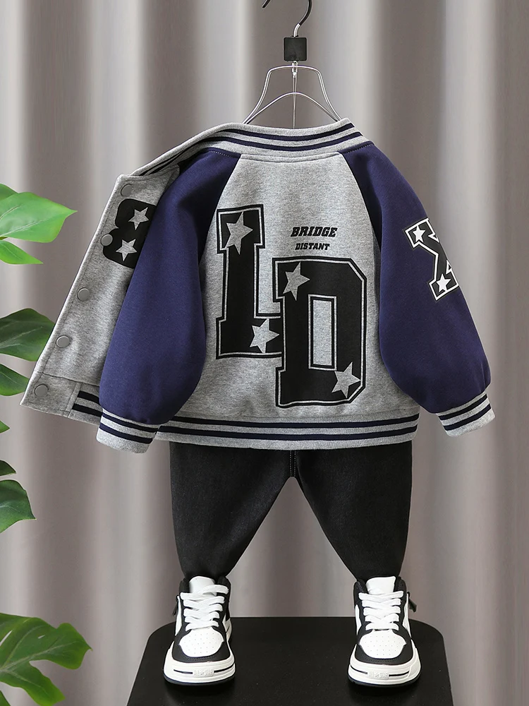 男の子用野球ジャケット-春秋-コットンポリエステル混紡-カジュアルスタイル-丸首-シングルボタン留め-おしゃれな子供用トップス