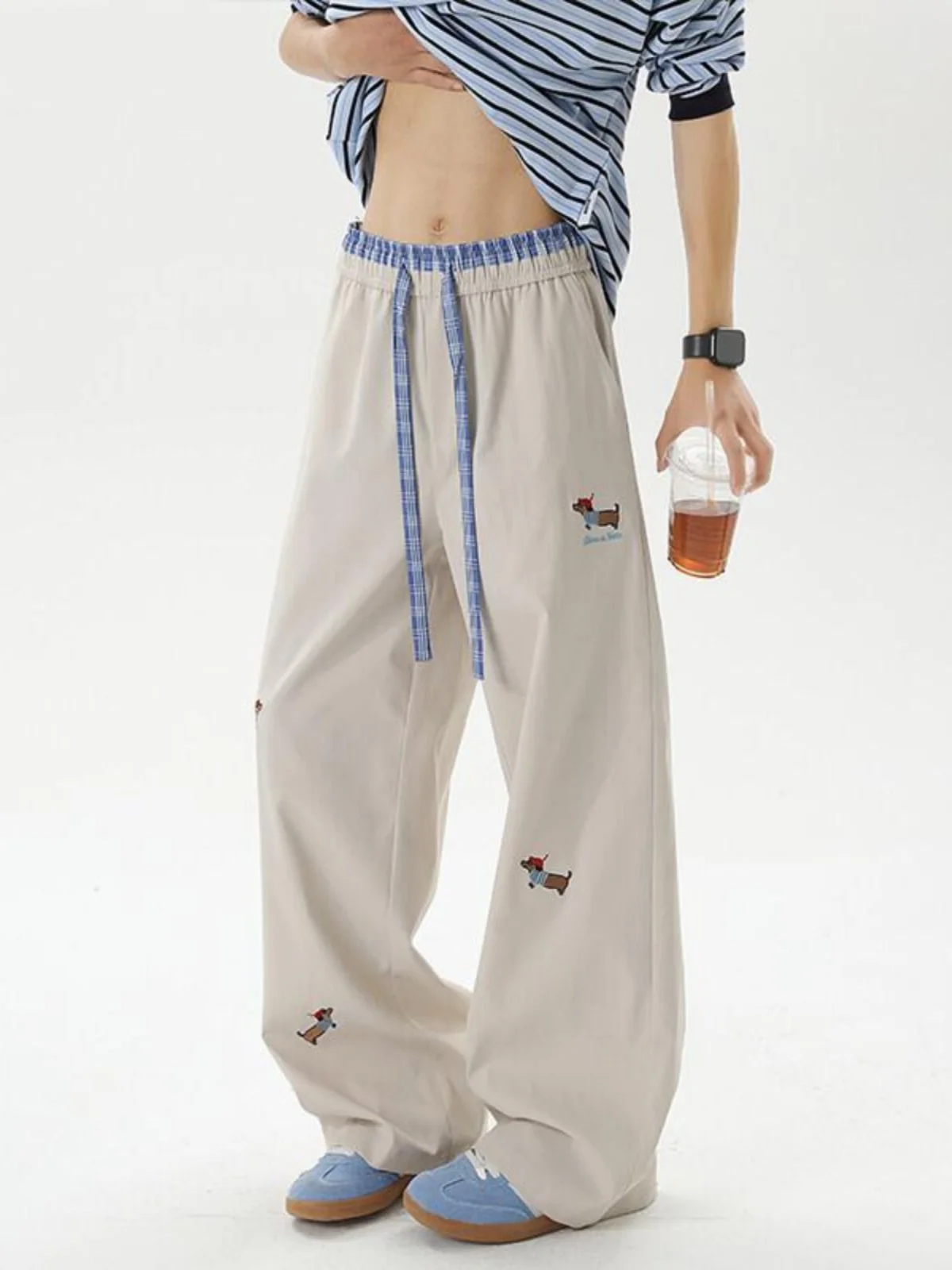 

Corduroy Elastic Waist Casual Pants for Men in Apricot with Dog Pattern Slimming Wide Leg Hiphop Loose Straight Casual Trousers