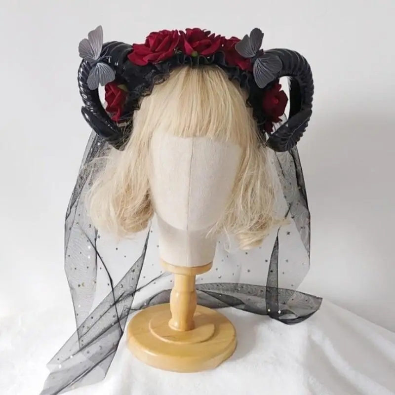 652F ciemna diabeł rogaty obręcz do włosów na kwiat na Halloween obręcz do włosów opaska na imprezę występ sceniczny do