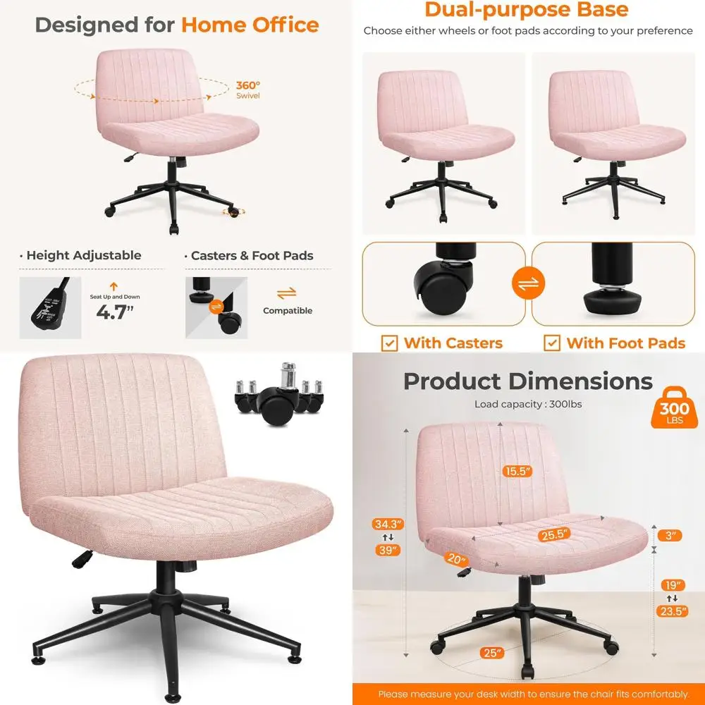 Adjustable Swivel Rolling Armless Desk Chair with Wheels, Comfortable for Home Office, Makeup Vanity, Fabric Seat (Pink)