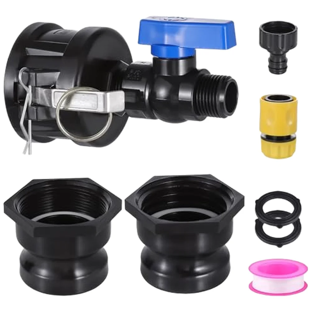 

Polypropylene IBC Tote Hose Adapter with 2 Cam Lock Adapters and Shut Off Valve for Secure Garden Hose Connection