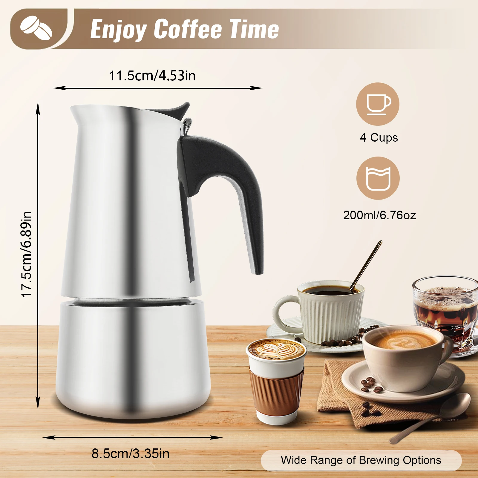 500W 5 Gears Stainless Steel Coffee Pot Manual Stovetop Espresso Maker 6.76 Ounces Capacity Household Coffee Maker