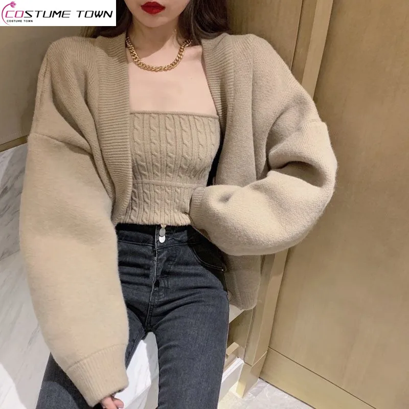 Autumn and Winter High End Explosive Soft Glutinous Milk Sweater Coat Women\'s Bra Knitted Cardigan Casual Two Piece Set