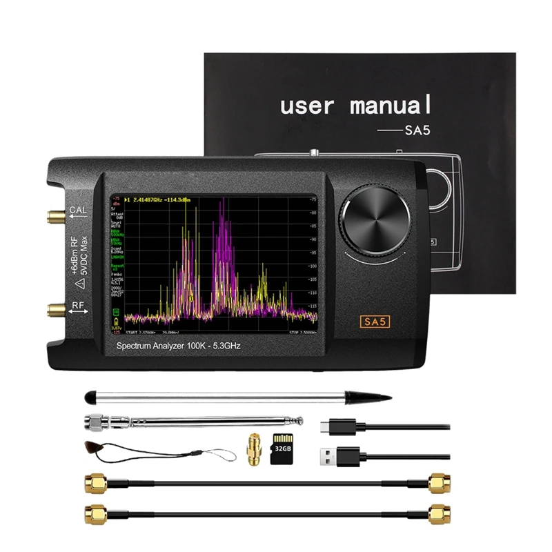 Newest 4In IPS LCD SA5 Spectrum Analyzer Handheld Spectrum Anslyzer 100K-5.3Ghz Signal Generator With 32GB Card Version