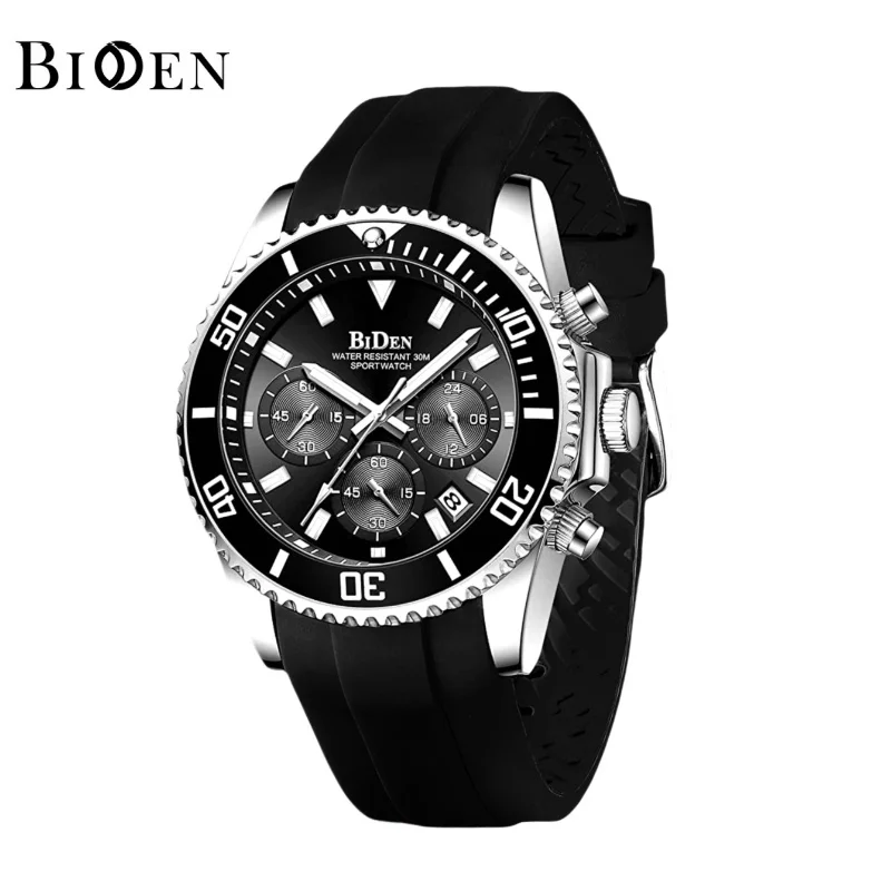 BIDEN Men's Watch Brand Luxury Silicone Strap Waterproof Sports Quartz Chronograph Military Watch Men's Clock Relogio Masculino