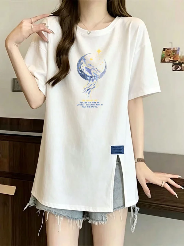 Casual Mid-Length Short-Sleeve T-Shirt Women's Summer Fashion Side Slit Commute Style Top Comfortable Loose Fit Printed Design