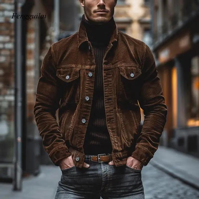 Classic Button-Up Trucker Coat with Flap Pockets, Slim Fit Retro Casual Outerwear, Soft Textured Corduroy Fabric