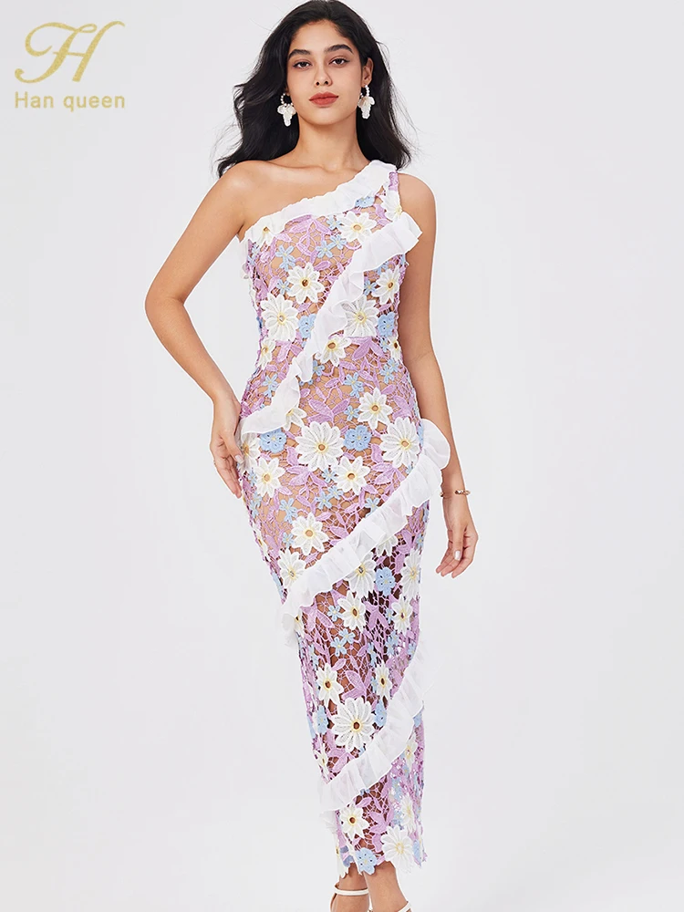 

H Han Queen Elegant Women Elegant Print Embroidered Hollow out Lace Dress Ladies Summer Casual Work Party Dresses Woman clothing