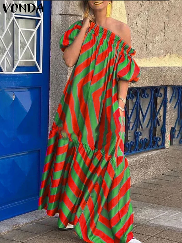 

Plus Size VONDA Women Bohemian Dress Summer Sundress Sexy Off The Shoulder Printing Striped Maxi Long Vestido 2025 Casual Robe