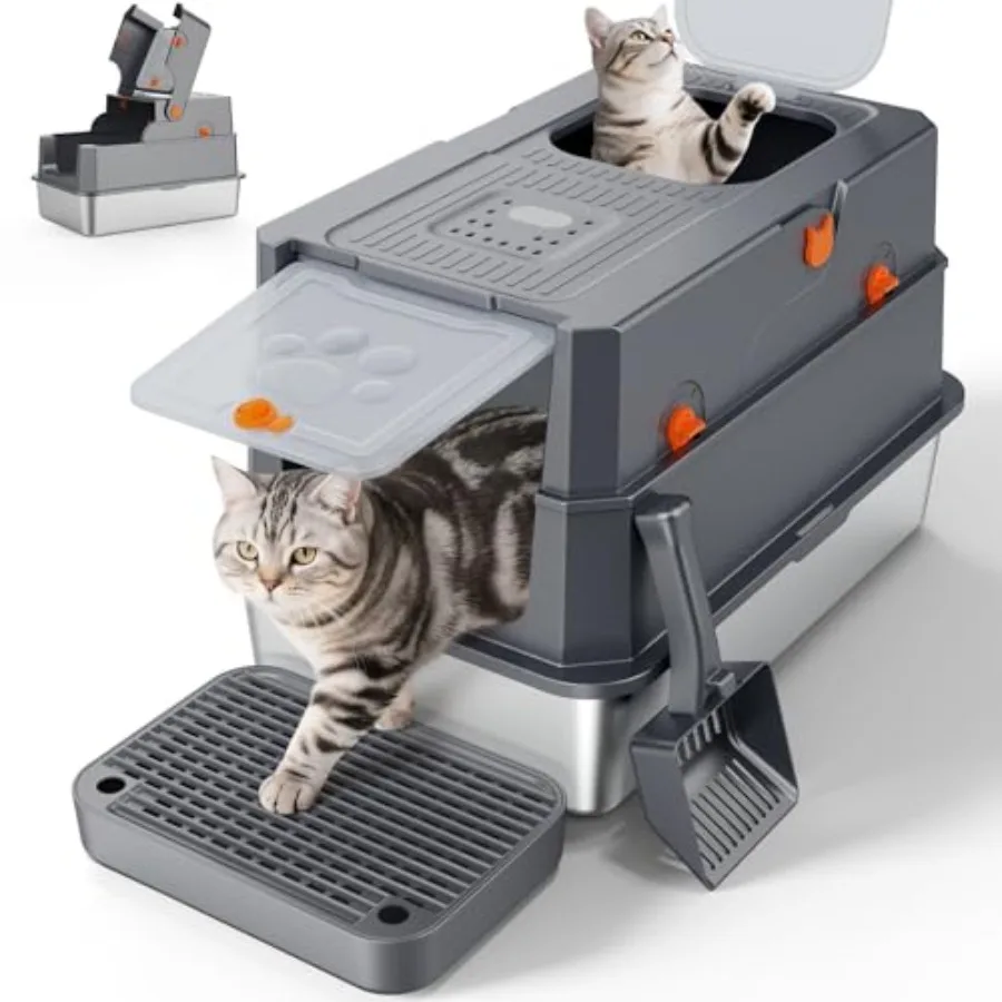 Stainless Steel Litter Box with Lid, Large Enclosed Cat Litter Box for Big Cats, Metal Cat Box with High Sided Enclosure Scoop,
