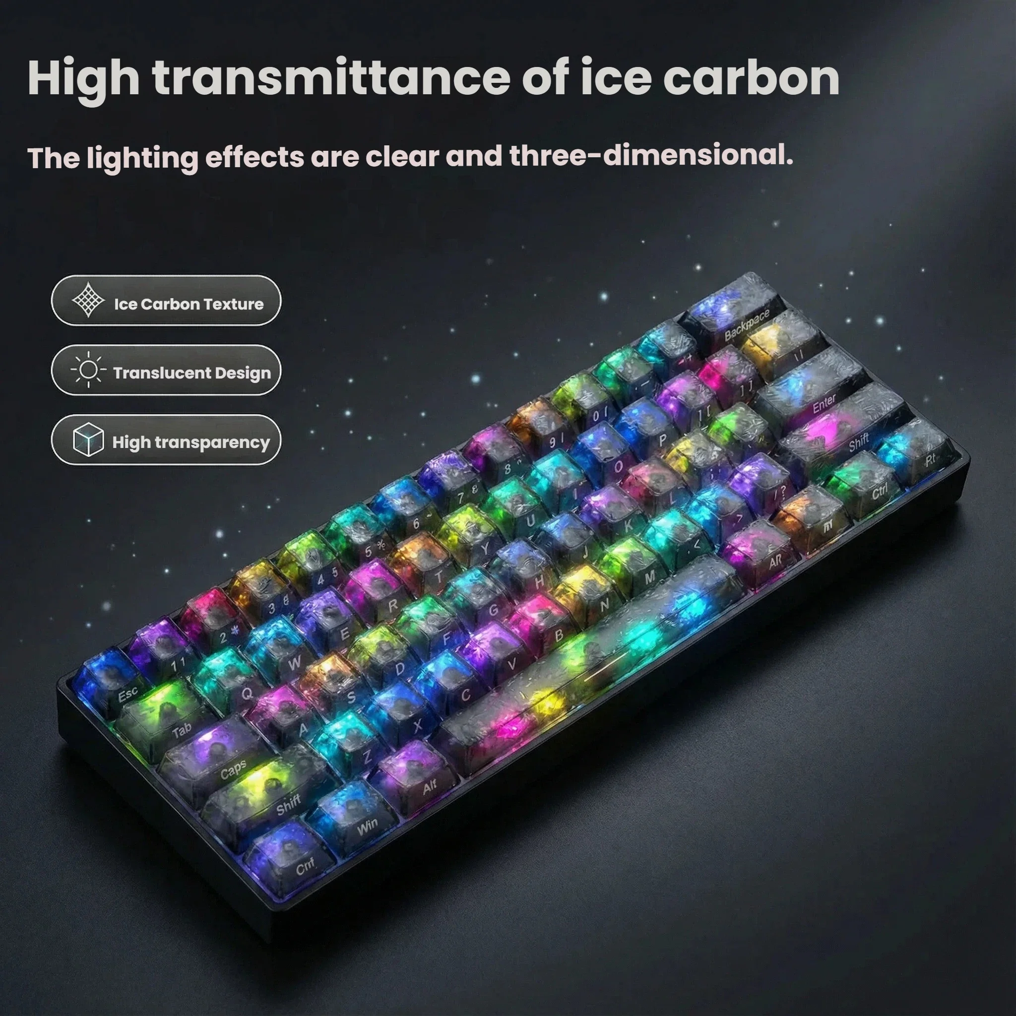 132 key transparent ice carbon pattern keycaps compatible with mechanical magnetic switch keyboards featuring Cherry MX switches