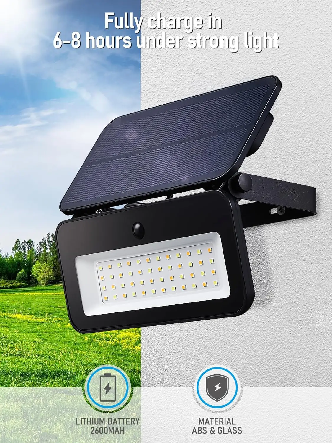 3CCT Solar Flood Lights Outdoor Motion Sensor, Dimmable 8W Solar Powered Wall Lights, Adjustable Head, 1200lm, IP65, Pack of 2