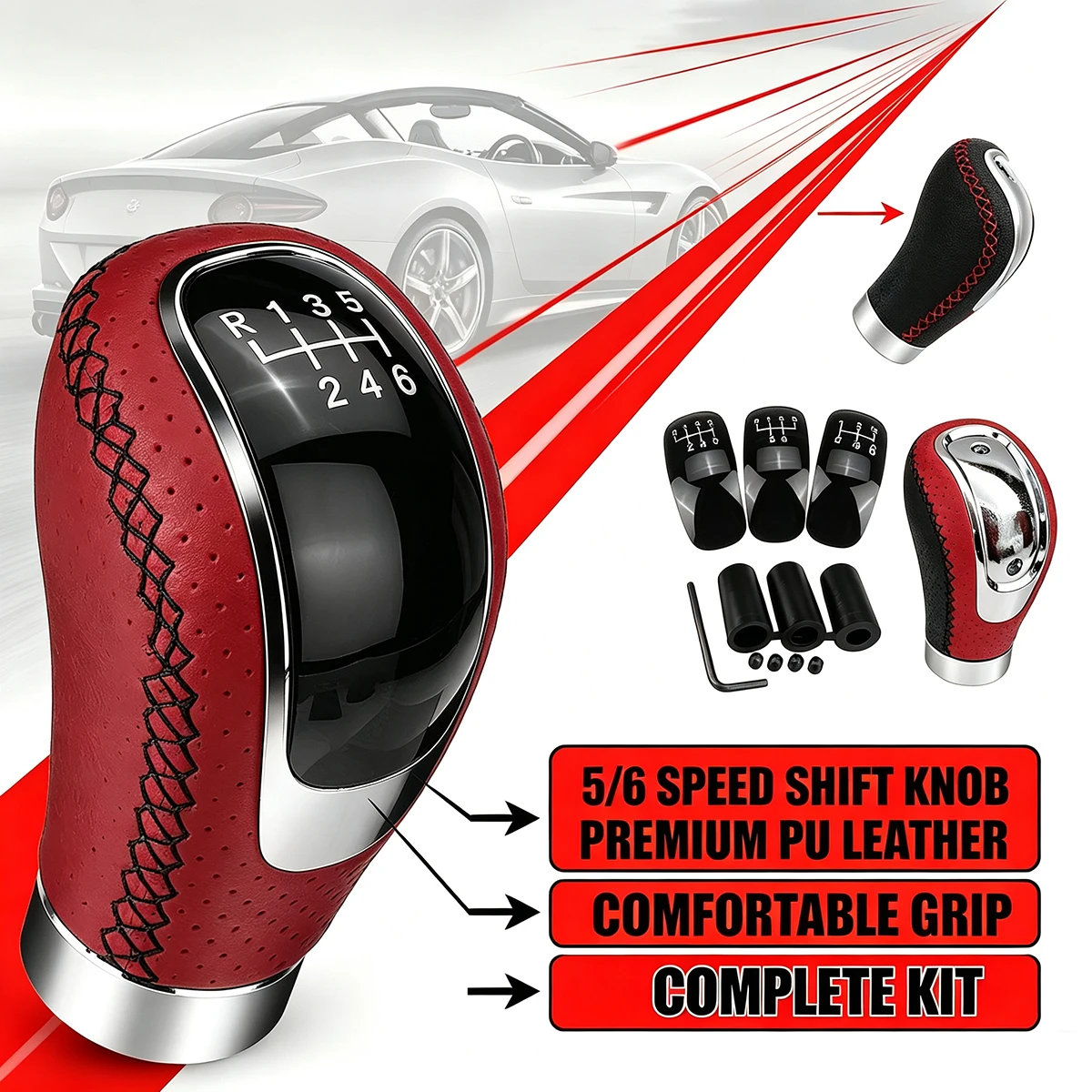 Premium PU Leather Stitch 5/6-Speed Gear Shift Knob, Universal Fit 8/10/12mm Rod, Car Interior Upgrade
